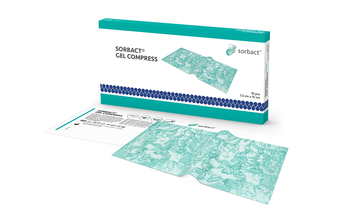 Packaging of Sorbact Gel Compress with a dressing beside it